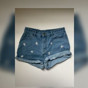 SHEIN Blue Denim Shorts with White Floral Embroidery